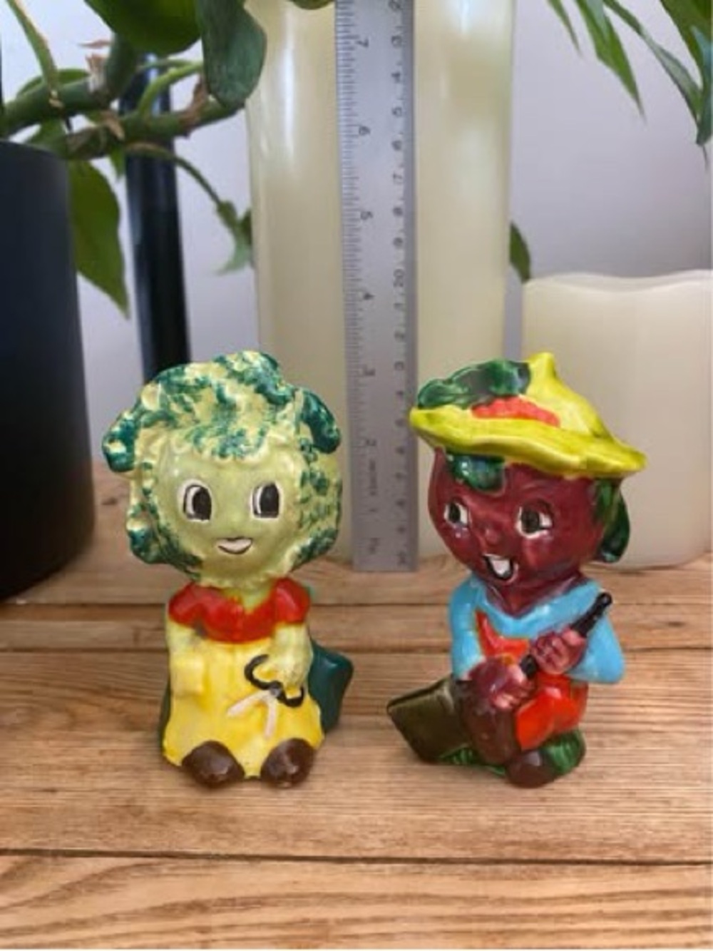 Vintage Anthropomorphic Cabbage Lady and Beet Gardener Salt and Pepper Shakers